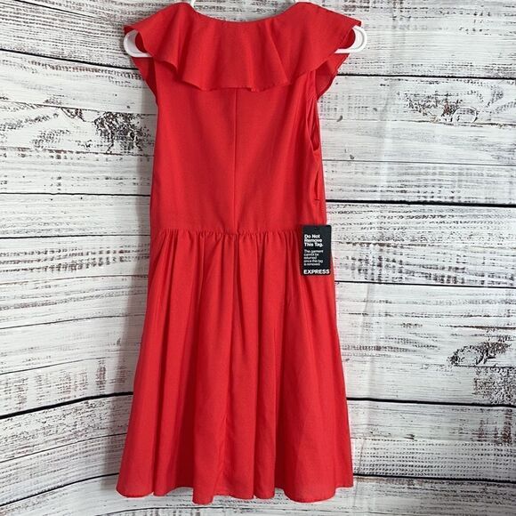Express Dress Womens Size 2 lace up V Neck Ruffle   Red Fit and Flare Mini New - Picture 9 of 11